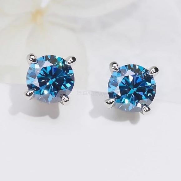 Genuine ~ Certified 2 Carat Bright Blue Diamond 18k White Gold Stud Earrings - Picture 16 of 16